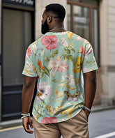 Men's Plus Size Hawaiian Green Butterfly Floral Print Henry Collar Button Short Sleeve Tee